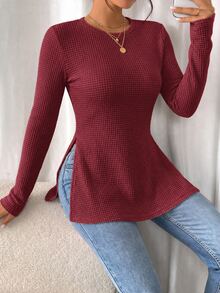 SHEIN Frenchy Solid Waffle Knit Split Hem Tee Burgundy/Wine - Rose Red - View 5