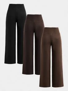 SHEIN 青少年女孩秋冬針織黑色、深灰色、淺灰色高腰寬腰帶修身直筒寬腿長褲 百搭簡約舒適街頭風 3件套 - 彩色 - 查看 2