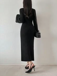 FRIFUL Women's Elegant Ribbed Long Sleeve Sweater Dress - Black - View 4