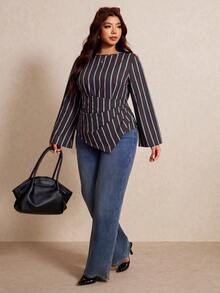 Elaquor Plus Size Women's Striped Flared Sleeve Pleated Asymmetric Hem Casual Shirt - Brown - View 6