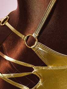 Amplova Women's Gold 2 Pieces Swimsuit Set With Tassel Mini Skirt, One-Piece Cutout Backless Sexy Metallic Swimwear - Gold - View 8