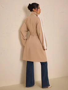 SHEIN PETITE Jaket Trench Coat Kasual Serbaguna dengan Ikat Pinggang dan Desain Blok Warna untuk Wanita - Khaki - View 2