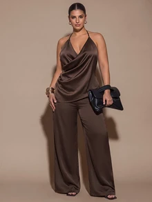 SHEIN BAE CURVE بنطال طويل من الساتان بياقة كول للنساء مقاس كبير باللون البني - بني - مشاهدة 1
