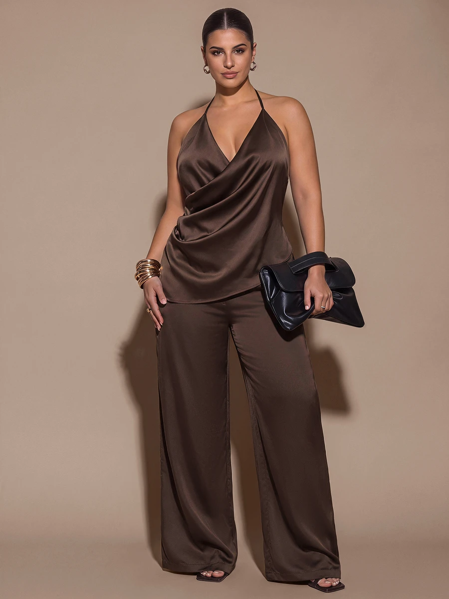SHEIN BAE CURVE بنطال طويل من الساتان بياقة كول للنساء مقاس كبير باللون البني - بني - مشاهدة 1