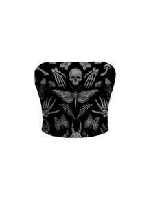 ROMWE Goth Women's 2pcs Casual Floral Print Tube Top & Short Bodycon Skirt Set, Summer - Black - View 8