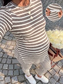 SHEIN 孕婦條紋圖案圓領上衣與長褲時尚休閒兩件套 - 咖啡棕 - 查看 2