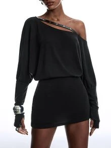 LYSMO Women's Asymmetric Neckline Rivet Eyelet Decor Cinched Cinched Waist Fashionable Elegant Long Sleeve T-Shirt - Black - View 5