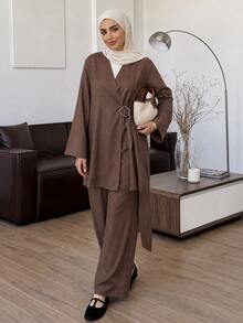 Solavon Women's Brown Overlap V-Neck Metal Buckle Decor Long Sleeve Top And Pants 2 Pieces Set - Brown - View 1