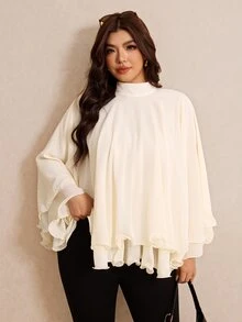 Elaquor Plus Size Women's Solid Color Stand Collar Ruffle Elegant Cape Blouse - Beige - View 4