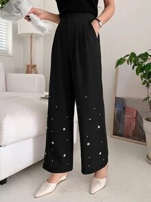 Modelyn Women's Gradient Pearl Decor Straight Leg Pants With Pockets, Elegant For Party And Banquet Wear Black Vintage Fall/Winter Formal - Black - View 2