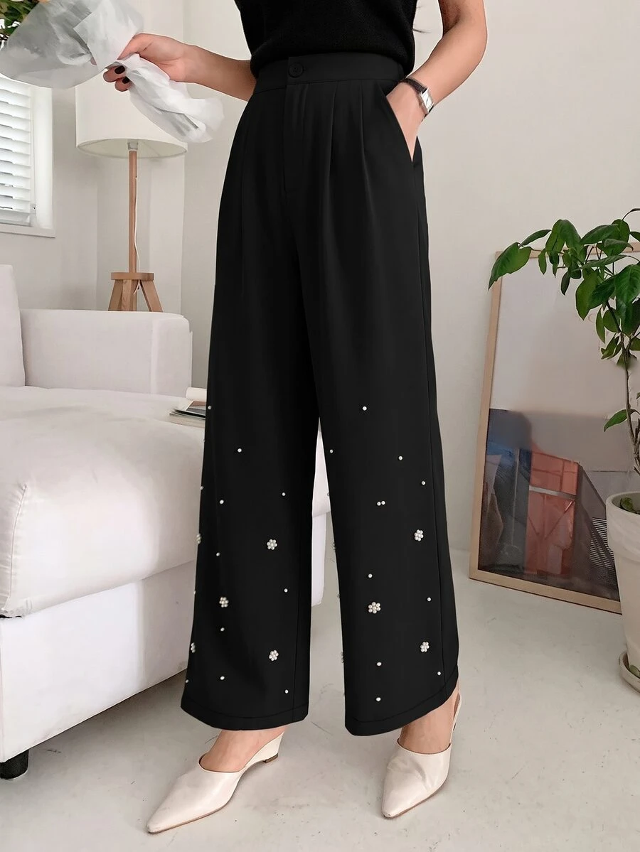 Modelyn Women's Gradient Pearl Decor Straight Leg Pants With Pockets, Elegant For Party And Banquet Wear Black Vintage Fall/Winter Formal