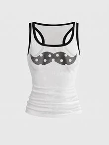 ROMWE Y2K Dark Hot Girl Mustache Korean Style Polka Dot Sexy Sheer Mesh Tank Top For Women - White - View 1