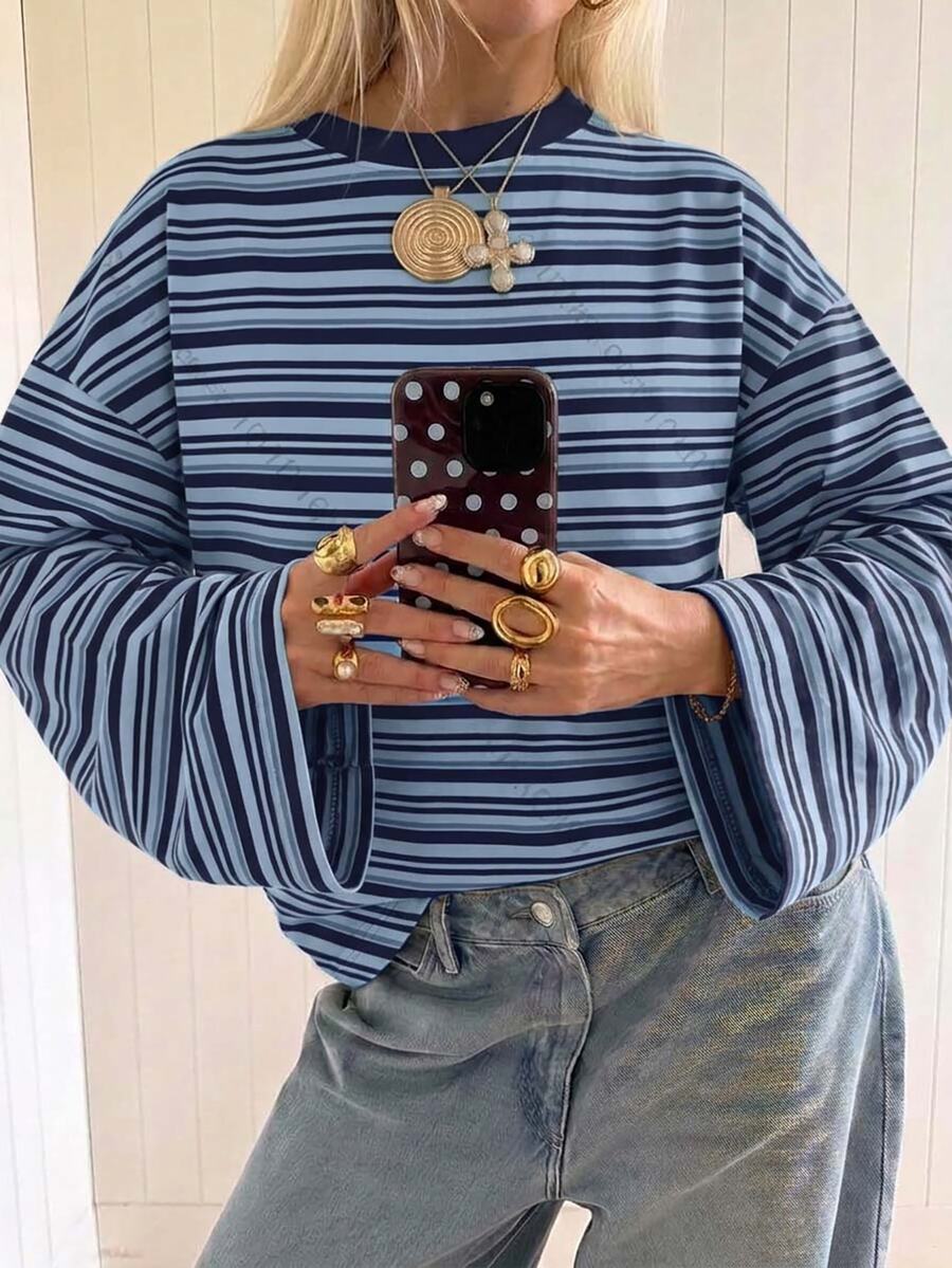 SHEIN EZwear Women's Striped Casual Versatile Daily Long Sleeve T-Shirt - Blue - View 1