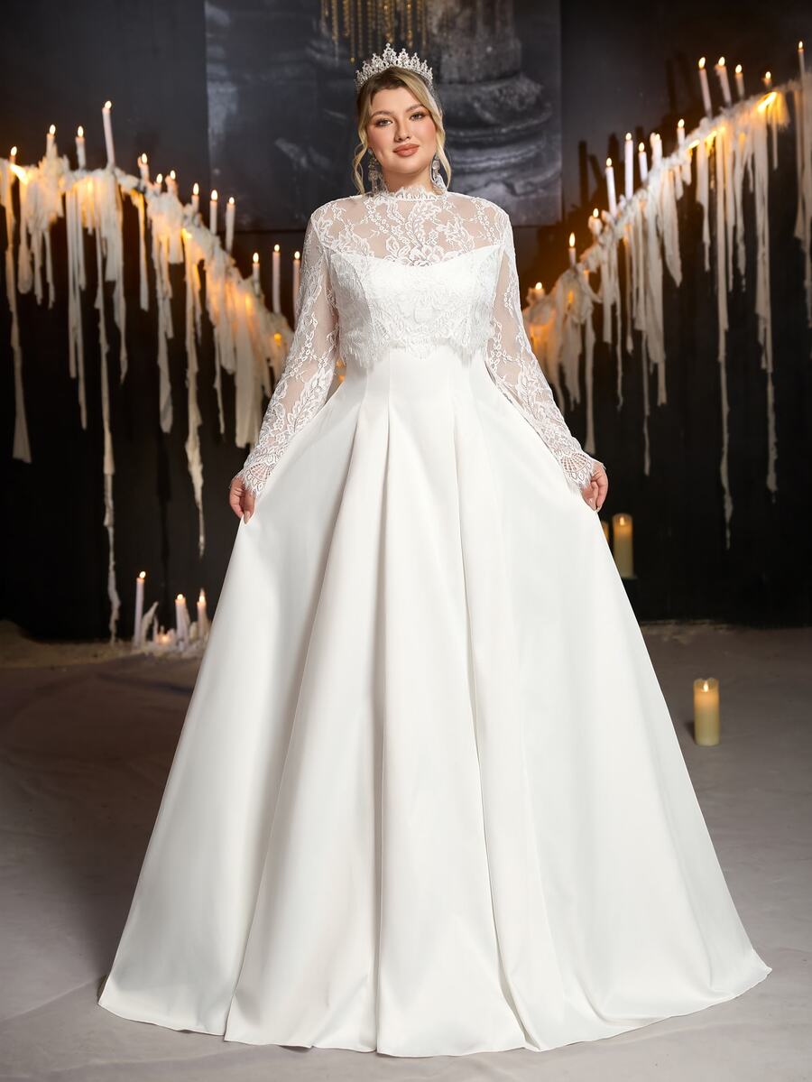 Glamrae فستان زفاف مقاس كبير أنيق رومانسي فاخر مزين بالخرز والدانتيل بتصميم مرقع من الساتان المطاطي بياقة واقفة 2 في 1 شفاف بأكمام طويلة ضيق بقصة A-Line مع ذيل - أبيض - مشاهدة 1