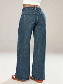 Jeanoix Y2K Plus Size Women's Outdoor Fashion Versatile Pocket Design Retro Blue Denim Jeans - Medium Wash - View 2