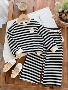 LMoss Kids 女童幼兒休閒條紋圓領長袖衛衣褲子2件套 - 黑色 - 查看 8