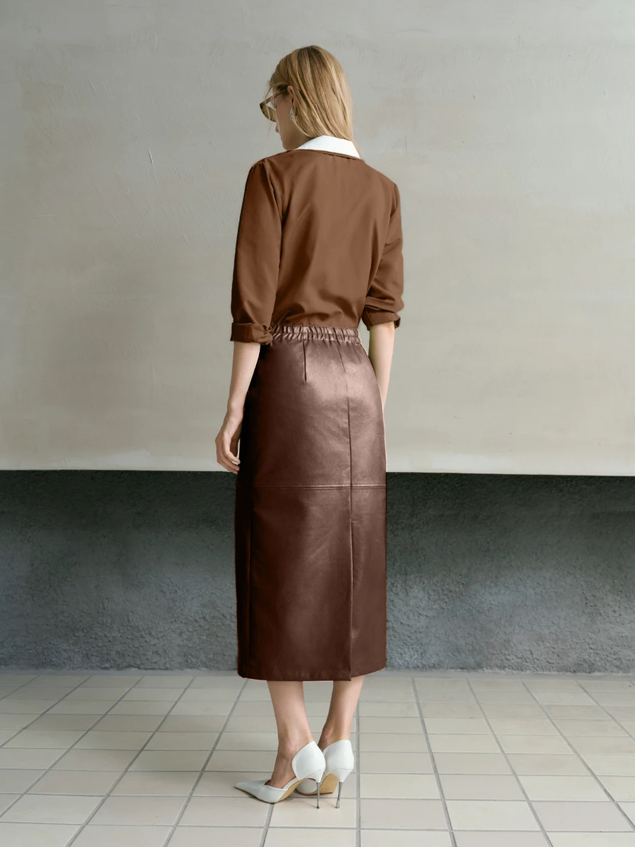 MOTF PREMIUM WOMEN'S PU LEATHER ELASTIC WAIST SPLIT HEM SKIRT - Coffee Brown - View 2