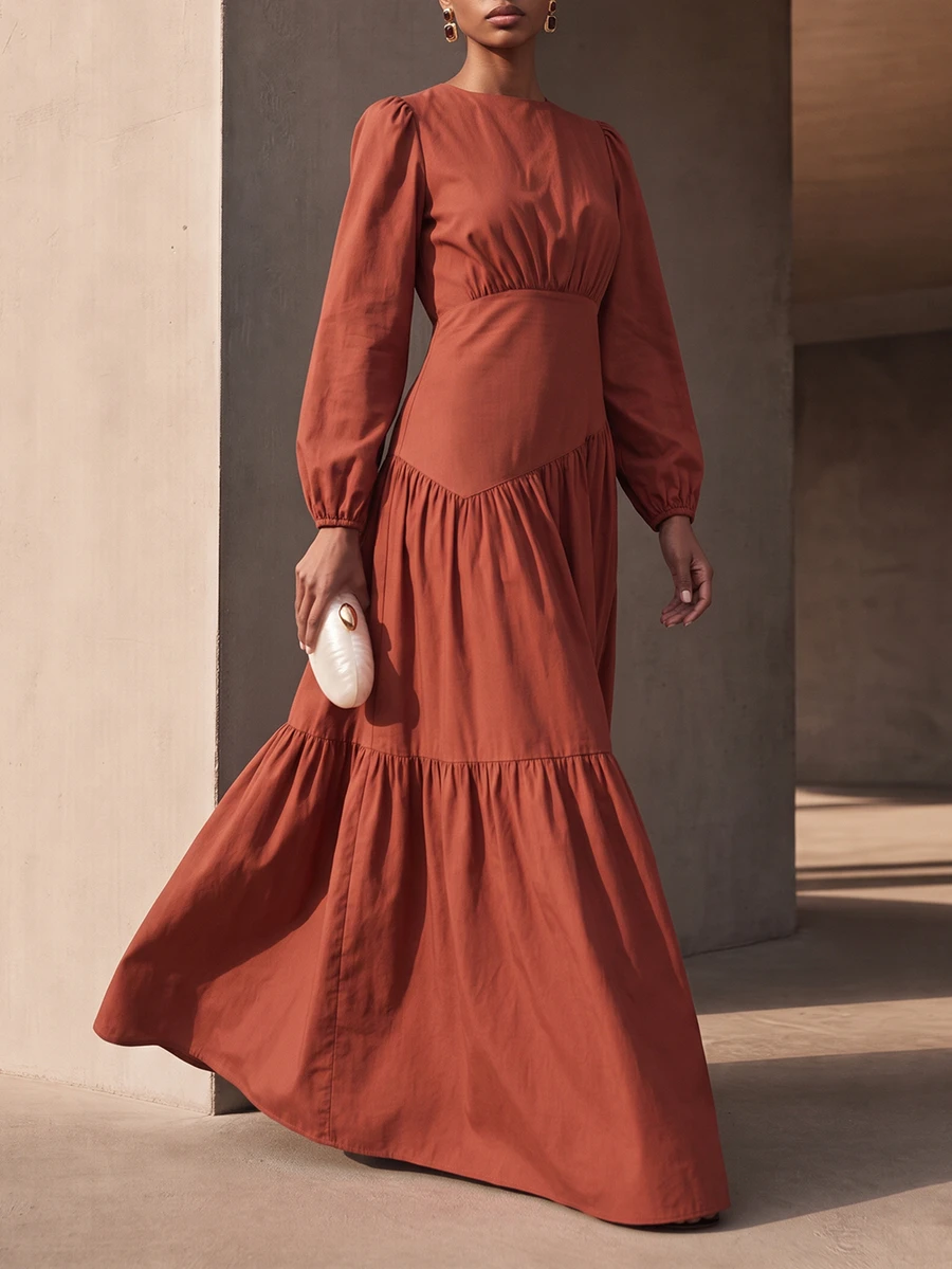 Vesra Women's Bubble Sleeve Pleated Long Dress - Red - View 1