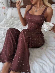CottageSlumber Women's Fashion Minimalist Heart Print Camisole Top & Long Pants Pajama Set - Coffee Brown - View 8