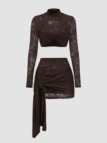 Sweetra Y2K Sexy Lace Patchwork Pleated Crinkled Versatile Party Commute 2 Pieces Set - Coffee Brown - View 1