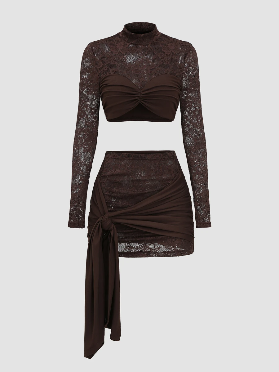 Sweetra Y2K Sexy Lace Patchwork Pleated Crinkled Versatile Party Commute 2 Pieces Set - Coffee Brown - View 1