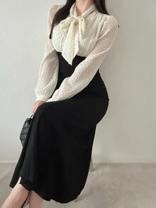 FRIFUL Women's Polka Dot Colorblock Casual Party Long Dress - Black - View 1