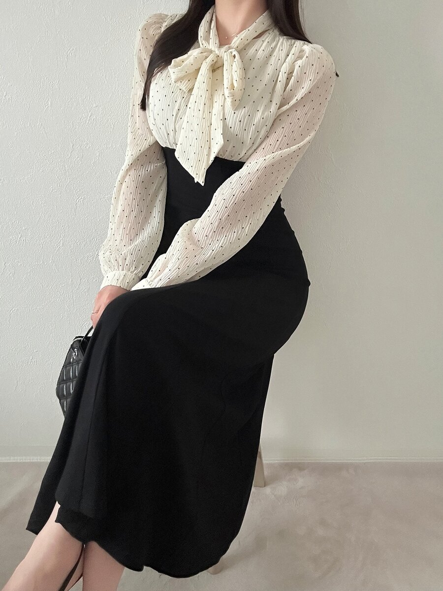 FRIFUL Women's Polka Dot Colorblock Casual Party Long Dress - Black - View 1