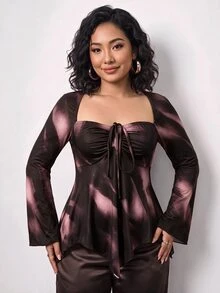 Enliva 大尺碼女款秋季前綁帶喇叭袖紮染上衣 - 酒紅色 - 查看 6