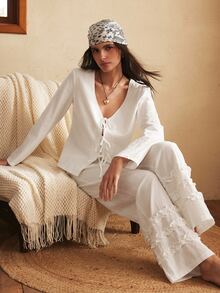 Lullawish Set Piyama Romantis Berenda Kasual Liburan Bohemian Wanita, Dapat Dipakai Sebagai Pakaian Santai - Putih - View 6