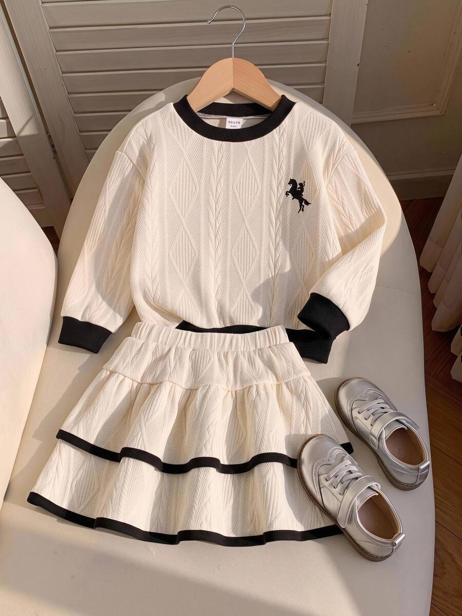 SHEIN 女嬰針織拼色圓領休閒衛衣與裙子兩件套 - 米色 - 查看 1