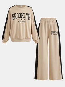 SHEIN Tween Girl Long Sleeve Kids Crew Neck Striped & Letter Print Sweatshirt And Sweatpants 2 Pieces Set - Apricot - View 12