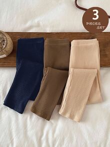 LMoss Kids LMoss 3件組女童純色修身休閒內搭褲，聖誕款，舒適秋冬款，溫暖舒適 - 彩色 - 查看 3