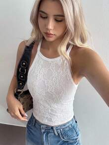 DAZY Teen Girl Lace Casual Versatile Halter Tank Top - White - View 5