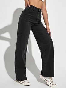 Jeanoix Y2K Plus Size High Waist Washed Black Wide Leg Jeans, Fashionable Daily Denim Pants For Voluptuous Women - Black - View 4