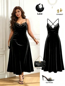GlowEve CURVE Plus Size Women's Lace Patchwork Casual Party Spaghetti Strap Dress - Black - View 4