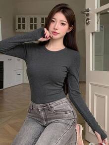 DAZY 女款純色修身百搭日常休閒T恤 - 灰色 - 查看 7