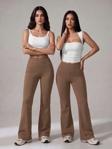 SHEIN Tall 女款純色修身百搭日常穿著喇叭褲 - 卡其色 - 查看 11