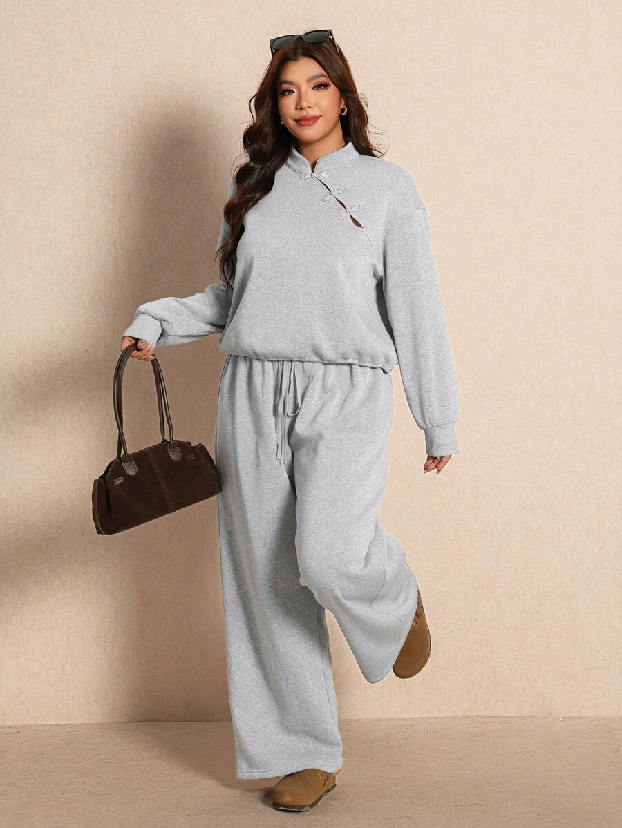 Elaquor Plus Size Women's Solid Color Long Sleeve Top And Pants Casual Daily 2 Pieces Set - Grey - View 1