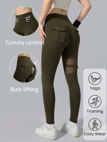 DAZY Women's Mesh Patchwork Casual Daily Wear Sports Leggings - Olive Green - View 5