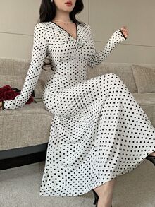 Feyla Women's French Polka Dot Print Pleated V-Neck Dress - White - View 3