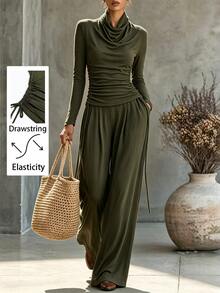 SHEIN Women's Spring/Autumn Minimalist Lazy Solid Color Cowl Neck Long Sleeve Fitted Drawstring Top With Matching Knit Long Cardigan 2 Pieces Set, Suitable For Daily Wear, Lazy Minimalist - Green - View 3