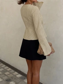 Siren Gaze 秋季女款條紋深V領修身長袖T恤，適合度假、派對、約會、節慶，Y2K風格，優雅休閒正式商務鄉村風 - 薄荷綠 - 查看 2
