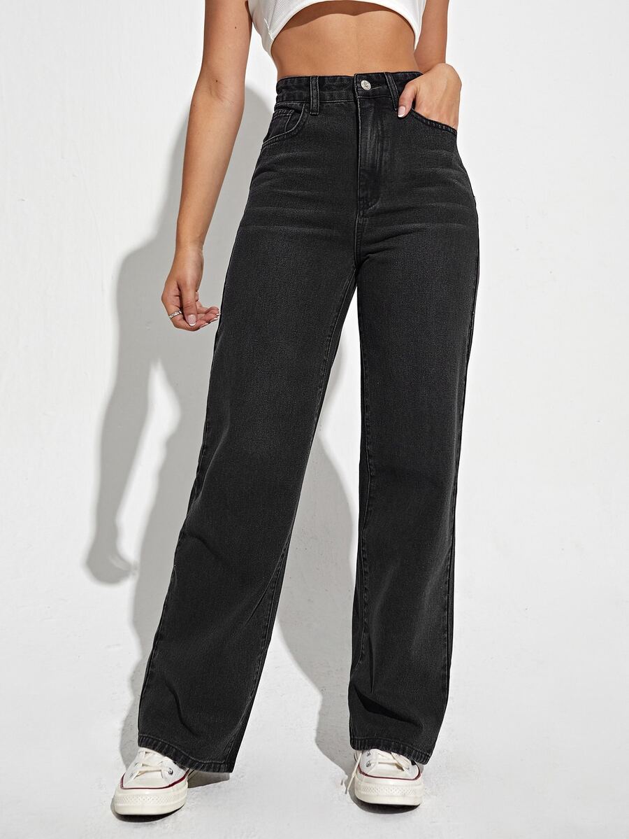 Jeanoix Y2K Plus Size High Waist Washed Black Wide Leg Jeans, Fashionable Daily Denim Pants For Voluptuous Women - Black - View 1