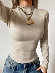 SHEIN EZwear Women's Solid Color Long Sleeve Rayon Slim Fit Base Layer T-Shirt - Apricot - View 8