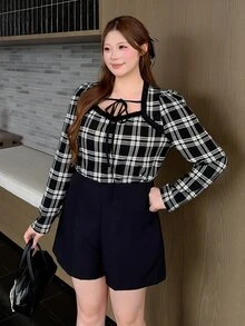Bijouette Plus Size Korean Style Plaid Tie-Front Long Sleeve T-Shirt, Preppy - Black and White - View 4