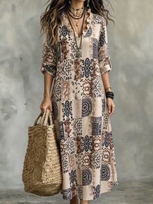 Linhara CURVE Plus Size Women's V-Neck Ruffle Hem Rolled Sleeve Floral Print Loose Fit Dress Fall - Multicolor - View 1