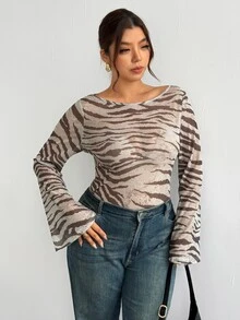 Firerie Plus Size Women's Animal Zebra Print Mesh Flare Sleeve Fitted Top Fall, Fall/Winter, Thanksgiving, New Year - Multicolor - View 4