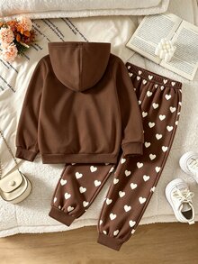 SHEIN Explorewe 女童卡通熊愛心印花棕色連帽衛衣與慢跑褲套裝，舒適四季百搭2件套，休閒舒適多功能，適合街頭穿搭、日常休閒、返校與聚會，秋季服飾 - 黑色 - 查看 2