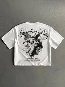 Manfinity ZONE917 Boxy Cropped Loose Gothic Angel Graphic White 100% Cotton T-Shirt, Suitable For Spring/Summer, Gift For Friends - White - View 2