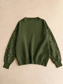 Elaquor Plus Size Casual Elegant Versatile Mesh Patchwork Pullover Sweater, Autumn/Winter - Green - View 2